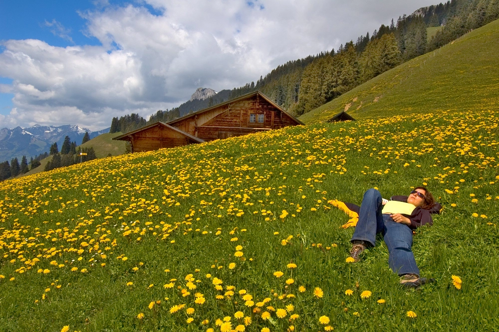 Woman relaxing on a grassy hillside covered with yellow wildflowers near wooden cabins and mountains